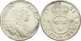 SUÈDE - SWEDEN
Frédéric Ier (1720-1751). 2 mark 1721/0 LC, Stockholm.
Delz.91 v. ; Argent - 10,41 g - 30 mm - 12 h
PCGS Genuine Harshly Cleaned-XF Det...