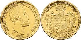 SUÈDE - SWEDEN
Oscar II (1872-1907). 20 kronor 1886, Stockholm.
Fr.93a ; Or - 8,94 g - 22 mm - 12 h
TTB.