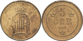 SUÈDE - SWEDEN
Oscar II (1872-1907). 5 öre 1881.
KM.736 ; Bronze - 27 mm - 12 h
PCGS MS63RB (27245743). 
Superbe à Fleur de coin.