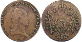 RDR – Habsburg – Österreich, RÖMISCH-DEUTSCHES REICH. Franz II. 3 Kreuzer 1800 S. Kupfer. Sehr schön-vorzüglich