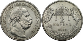 RDR – Habsburg – Österreich, KAISERREICH ÖSTERREICH. Österreich-Ungarn. Franz Joseph I. (1848-1916). 2 Korona 1912 KB. Silber. KM 493. Stempelglanz...