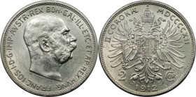 RDR – Habsburg – Österreich, KAISERREICH ÖSTERREICH. Österreich-Ungarn. Franz Joseph I. (1848-1916). 2 Kronen 1912. Silber. Jaeger 408. Fast Stempelgl...