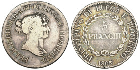Lucca e Piombino - Elisa Bonaparte e Felice Baciocchi (1805-1814) - 5 Franchi 1808 - Gig. 5 - R - Ag - colpetti sul bordo - gr. 24,38
MB+

SPEDIZIO...