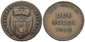 Massa di Lunigiana - Maria Beatrice d'Este Cybo Malaspina (1790-1796) - 2 Soldi 1792 - Cu - 6,30 g - CNI 3
BB

SPEDIZIONE SOLO IN ITALIA - SHIPPING...
