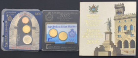 San Marino - Lotto di 3 divisionali in Euro: Serie speciale 2006 da 9 valori, in confezione di zecca; Set da 3 valori (2 cent, 20 cent, 2 euro) 2005; ...
