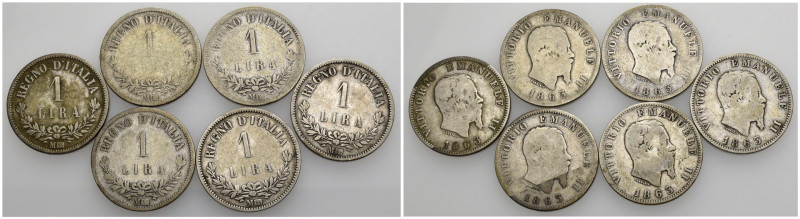 Regno d'Italia - Vittorio Emanuele II (1861-1878) - Lotto di 6 monete da 1 Lira ...