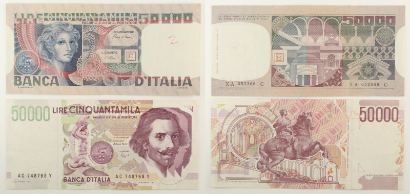 Repubblica Italiana - Lotto di 2 banconote: 50.000 Lire Bernini 2° tipo 1995 Gig...