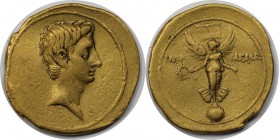 Römische Münzen, MÜNZEN DER RÖMISCHEN KAISERZEIT. Octavian, 32-27 v. Chr., Aureus Brundisium und Roma (?) 29-27 v. Chr, Nackter Kopf r. Rev. IMP - CAE...
