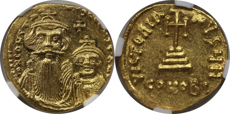 Byzantinische Münzen. Constans II. Pogonatus (641-668 n. Chr.) mit Konstantin IV...