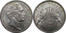 Altdeutsche Münzen und Medaillen, BAYERN / BAVARIA. Maximilian II. (1848-1864). Zwei Gulden 1849, Silber. AKS 150. Vorzüglich-stempelglanz, Randfehler...