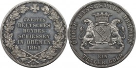 Altdeutsche Münzen und Medaillen, BREMEN - STADT. Zweites Deutsches Bundesschiessen. Taler 1865, Silber. AKS 16. Stempelglanz