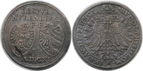 Altdeutsche Münzen und Medaillen, NÜRNBERG, STADT. Guldentaler (60 Kreuzer) 1611, mit Titel Rudolfs II. Silber. Dav. 89. Fast Vorzüglich, Schrötlingsf...