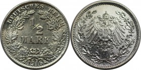 Deutsche Münzen und Medaillen ab 1871, REICHSKLEINMÜNZEN. 1/2 Mark 1916 A, Silber. Jaeger 16. Stempelglanz. Berieben. Kratzer