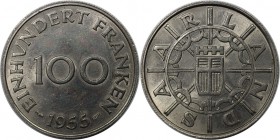 Deutsche Münzen und Medaillen ab 1871, DEUTSCHE NEBENGEBIETE. Saarland. 100 Franken 1955. Jaeger 804. Stempelglanz