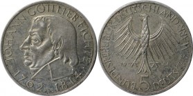 Deutsche Münzen und Medaillen ab 1945, BUNDESREPUBLIK DEUTSCHLAND. 150. Todestag Johann Gottlieb Fichte. 5 Mark 1964 J, Silber. Jaeger 393. Vorzüglich...