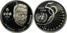 Europäische Münzen und Medaillen, Belgien / Belgium. 50 Jahre UNO. 5 Ecu 1995, Silber. KM 200. Polierte Platte