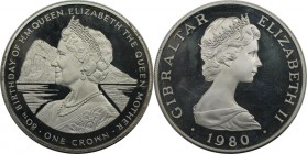 Europäische Münzen und Medaillen, Gibraltar. Geburtstag Königinmutter Elizabeth. 1 Krone (Crown) 1980, Silber. 0.84 OZ. KM 11a. Polierte Platte.