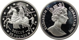 Europäische Münzen und Medaillen, Gibraltar. Knight left. 35-25 Ecus-Pounds 1991, Silber. 0.84 OZ. KM 88. Polierte Platte. Fingerabdrücke. Kl.Haarkrat...