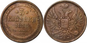 Russische Münzen und Medaillen, Nikolaus I. (1826-1855). 3 Kopeken 1853, Kupfer. Bitkin 591. Sehr schön+ Randfehler