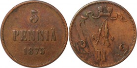 Russische Münzen und Medaillen, Alexander II. (1854-1881), Finnland. 5 Penniä 1875, Kupfer. KM 4.2. Bitkin 657. Vorzüglich