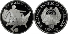 Weltmünzen und Medaillen, Afghanistan. Fußballweltmeisterschaft USA. 500 Afghanis 1992, Silber. 0.64 OZ. KM 1022. Polierte Platte