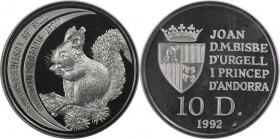 Weltmünzen und Medaillen, Andorra. Eichhörnchen. 10 Diners 1992, Silber. 0.93 OZ. KM 74. Polierte Platte