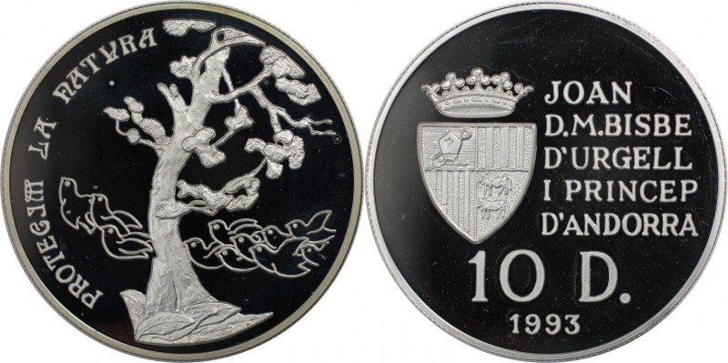 Weltmünzen und Medaillen, Andorra. Baum und Vogelschwarm. 10 Diners 1993, Silber...