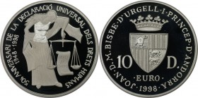 Weltmünzen und Medaillen, Andorra. Menschenrechte. 10 Diners 1998, Silber. KM 143. Polierte Platte