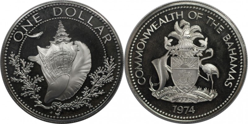 Weltmünzen und Medaillen, Bahamas. Muschel. 1 Dollar 1974, Silber. 0.47 OZ. KM 6...
