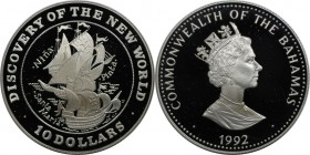 Weltmünzen und Medaillen, Bahamas. Segelschiff. 10 Dollars 1992, Silber. 0.84 OZ. KM 197. Polierte Platte