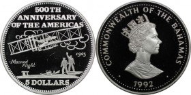 Weltmünzen und Medaillen, Bahamas. 500. Jahrestag des ersten Fluges der Americas-Wright Brüder. 5 Dollars 1992, Silber. 0.58 OZ. KM 147. Polierte Plat...