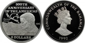Weltmünzen und Medaillen, Bahamas. 500. Jahrestag des Amerika-Panamakanals. 5 Dollars 1992, Silber. 0.58 OZ. KM 149. Polierte Platte