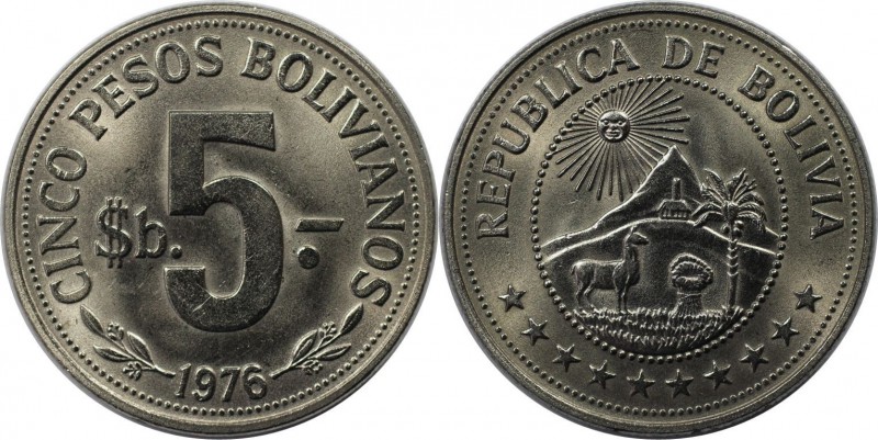 Weltmünzen und Medaillen, Bolivien / Bolivia. 5 Pesos Bolivianos 1976. Nickel Cl...