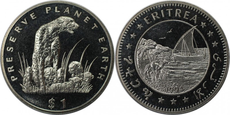 Weltmünzen und Medaillen, Eritrea. Gepard. 1 Dollar 1994, Kupfer-Nickel. KM 15. ...