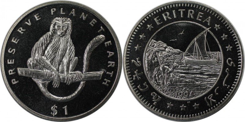 Weltmünzen und Medaillen, Eritrea. Weißer Colobus-Affe. 1 Dollar 1994, Kupfer-Ni...