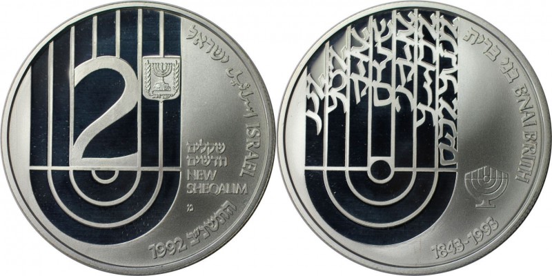 Weltmünzen und Medaillen, Israel. B'nai-B'rith. 2 New Sheqalim 1992, Silber. 0.8...