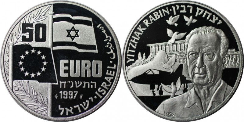 Weltmünzen und Medaillen, Israel. Yitzhak Rabin. Medaille "50 Euro" 1997, Silber...