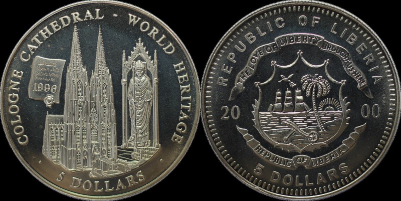 Weltmünzen und Medaillen, Liberia. Kölner Dom - Weltkulturerbe. 5 Dollars 2000, ...