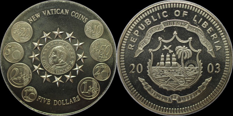 Weltmünzen und Medaillen, Liberia. Vatikan Euro. 5 Dollars 2003, Kupfer-Nickel. ...