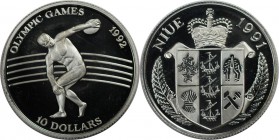 Weltmünzen und Medaillen, Niue. "1992 Olympische Spiele, Barcelona - Scheibenwerfer". 10 Dollars 1991, Silber. 0.3 OZ. KM 56. Polierte Platte