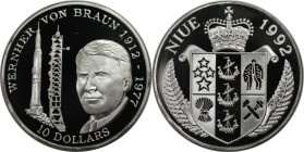 Weltmünzen und Medaillen, Niue. Wernher von Braun. 10 Dollars 1992, Silber. 0.92 OZ. KM 86. Polierte Platte