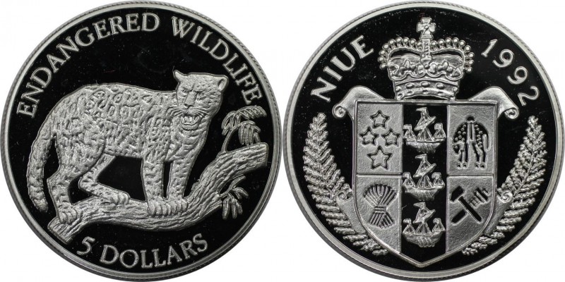 Weltmünzen und Medaillen, Niue. Jaguar. 5 Dollars 1992, Silber. 0.16 OZ. KM 60. ...