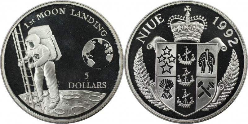 Weltmünzen und Medaillen, Niue. Erste Mondlandung. 5 Dollars 1992, Silber. 0.16 ...