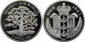 Weltmünzen und Medaillen, Niue. UMWELTSCHUTZ. Eiche. 5 Dollars 1993, Silber. 0.16 OZ. KM 62. Polierte Platte