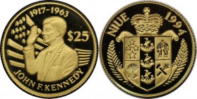 Weltmünzen und Medaillen, Niue. J.F. Kennedy. 25 Dollar 1994. 0.999 Gold 1.24 g. KM 79. Polierte Platte mit Kapsel