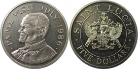 Weltmünzen und Medaillen, Saint Lucia. John Paul II. 5 Dollars 1986. Stempelglanz. Leicht berieben. Kl.Kratzer.