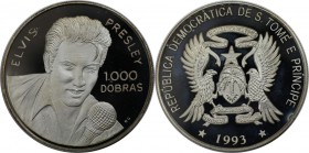 Weltmünzen und Medaillen, Saint thomas and prince islands. Elvis Presley. 1000 Dobras 1993, Silber. 0.72 OZ. KM 71. Polierte Platte. Leicht berührt.