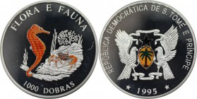 Weltmünzen und Medaillen, Saint thomas and prince islands. Flora und Fauna - Seepferdchen und Krabben. 1000 Dobras 1995, Silber. 0.72 OZ. KM 78. Polie...
