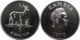 Weltmünzen und Medaillen, Sambia / Zambia. Antilope. 5 Kwacha 1979, Silber. 0.75 OZ. KM 18. Stempelglanz