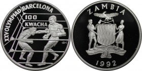 Weltmünzen und Medaillen, Sambia / Zambia. "1992 Sommerolympiade, Barcelona". 100 Kwacha 1992, Silber. 0.84 OZ. KM 28. Polierte Platte